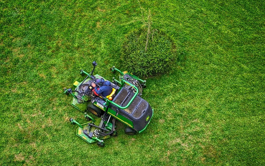 Riding mower cutting a large lawn in Ramsey, Minnesota
